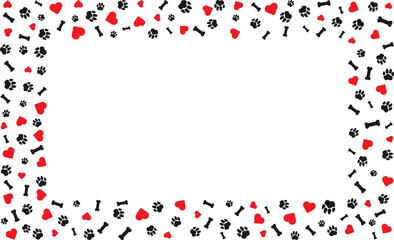 Rectangular frame with pet paw prints and bone and red heart with blank space for text. Black silhouette track of dog or cat paw prints Pet paw prints frame for decorating shop, websites. Vector.