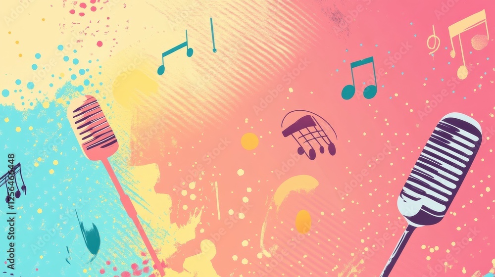 Poster vibrant minimalist k pop inspired background featuring musical notes and microphones. generative ai