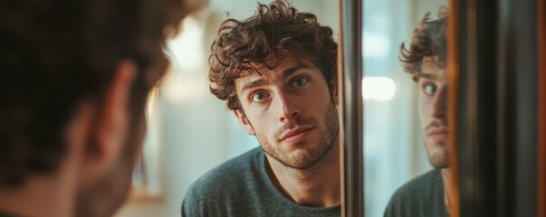 Young caucasian male looking at reflection in mirror with curly hair and casual attire