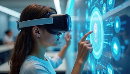 Girl in VR glasses interacts with digital screen in classroom. Future tech interactive learning. Metaverse education, immersive experience. Modern smart technologies in education. Online augmented