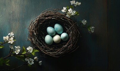 A nest of eggs with a blue egg in the middle