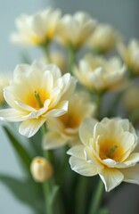 Close-up shot of yellow daffodils bouquet with green leaves, stems against blurry background. Floral arrangement presents spring blooms, flower petals, fresh blossom. Macro photo garden nature,