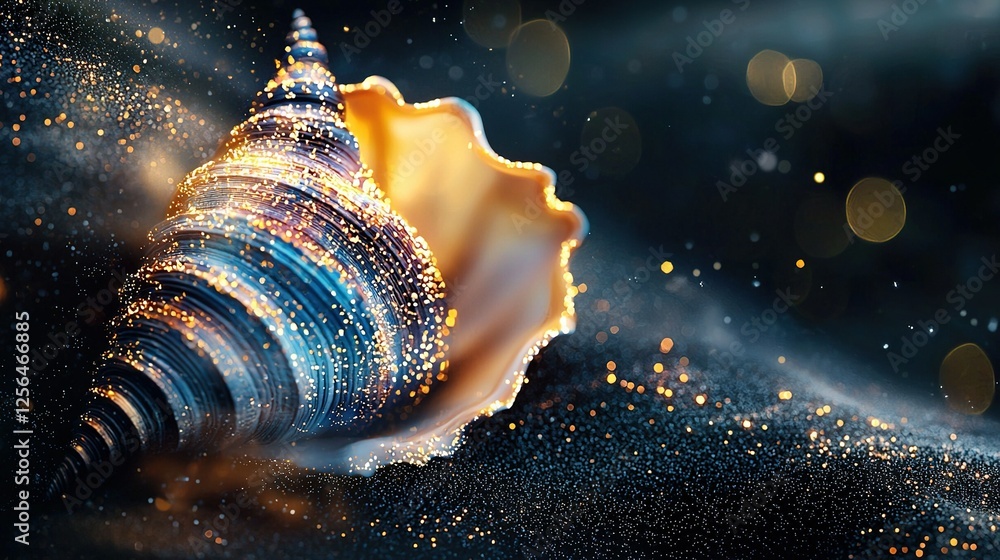 Poster a sea shell on a dark surface with a blurry boke of lights in the background