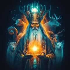 Glowing shaman figure surrounded by spirit animals, ancient wisdom energy