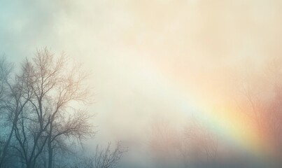 A rainbow is seen in the sky above a forest