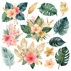 Luxury wedding bouquets with watercolor and gold splatters. Featuring floral foliage, tropical leaves, and artificial plants, this botanical art design set is perfect for wedding logos, wall art, canv