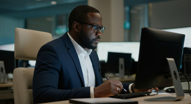 A man in a suit is typing on a computer keyboard
