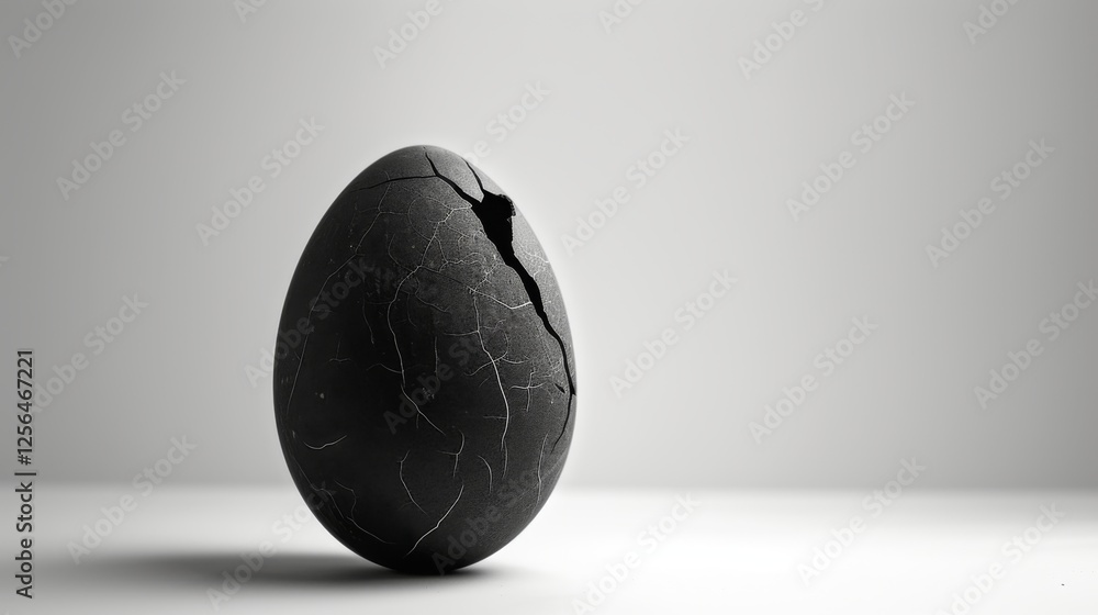Aufkleber a black egg with subtle cracks running across its surface, standing vertically on a smooth light bac