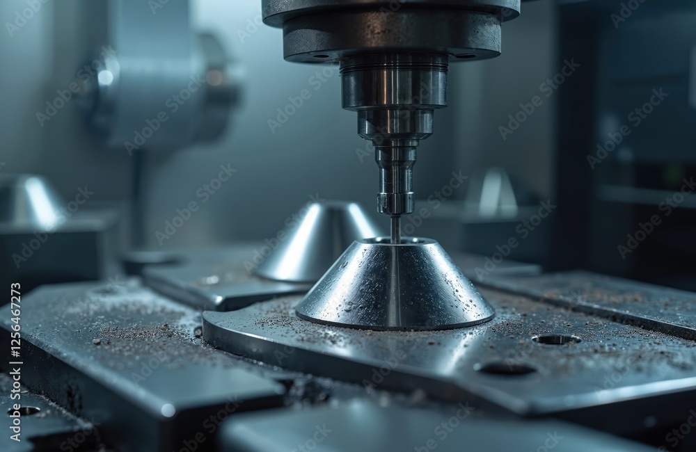 Aufkleber close-up of cnc lathe machine cutting metal cone shape parts. hi-tech metal working processing by cn