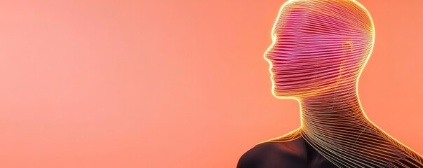 Glowing string-art human figure, delicate neon light tracing a soft abstract shape