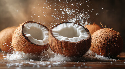 Fresh coconut halves with splashing water and scattered pulp on dark background, tropical fruit still life with dynamic motion capture