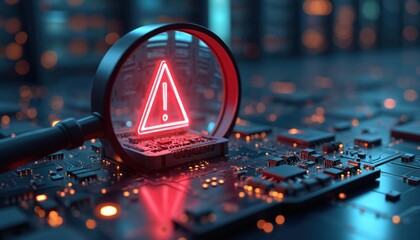 Magnifying glass examines glowing red warning sign on circuit board. Cyber security threat analysis, digital vulnerability, hacking detection concept. Troubleshooting glitch, firewall breach virus