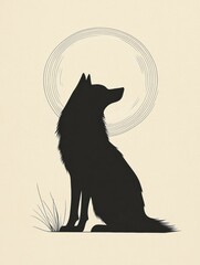 Minimalist wolf silhouette against a full moon backdrop creating a serene, tranquil atmosphere for text. Generative AI