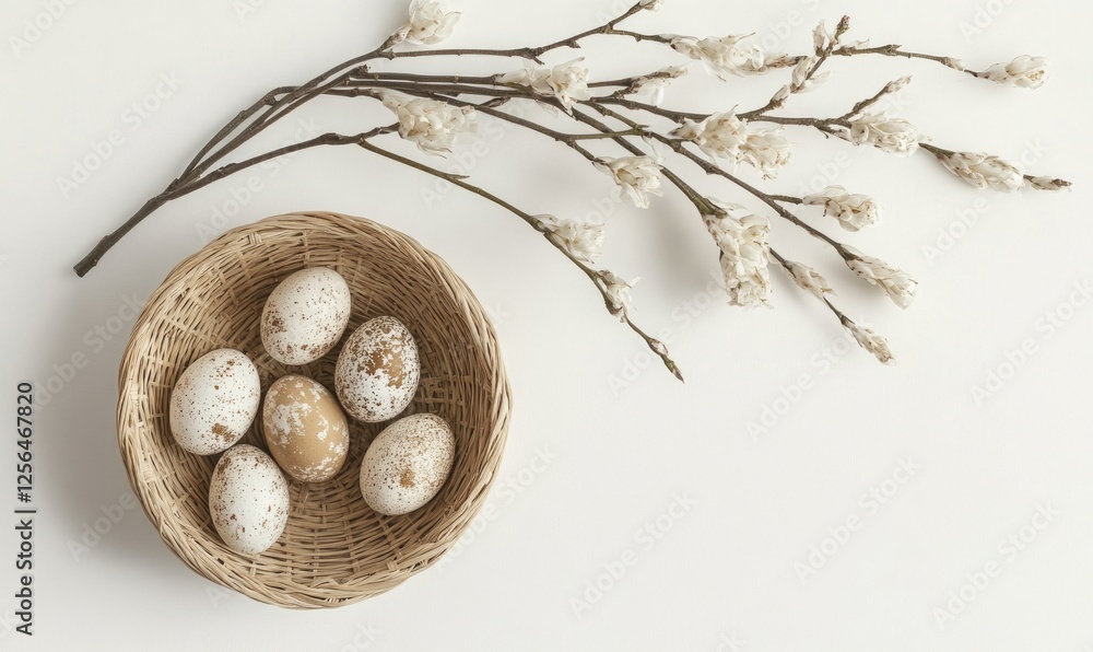 Poster a basket of eggs is placed on a table next to a branch