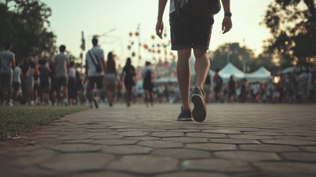 Man walking away from festival crowd