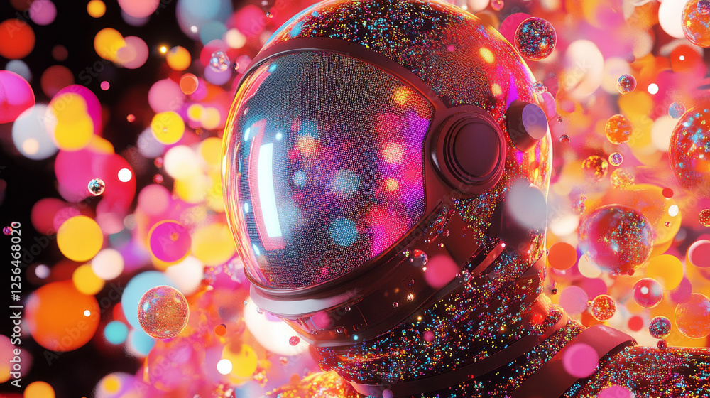Poster working of the particles. working in a helmet that consists of points and circles. vector illustrati