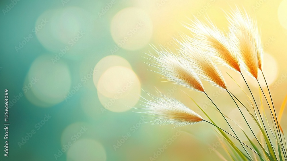 Poster a blurred background image featuring a close-up of tall grass blades swaying gently in the soft bree