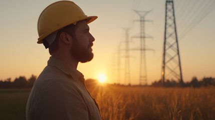 A worker in a hardhat overlooks a golden field, power lines silhouetted against the setting sun. Safety and energy merge in this striking landscape.