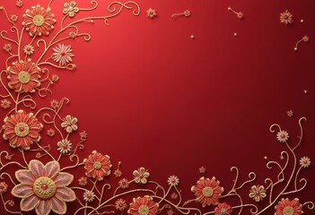 Red background with gold floral embroidery vines. Japanese style seamless pattern fabric texture. Detailed vine flower design with small white dots surface. Asian art textile decor wallpaper.