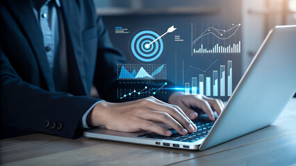 Strategic Business Growth: Achieving Goals, Analyzing Data, Planning Success. A businessman charts a course to financial prosperity and market        