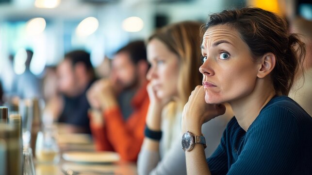 Annoyed customers in a long restaurant queue. Featuring an overwhelmed host