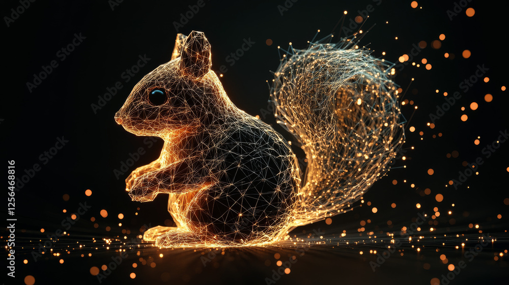 Poster a hologram of a squirrel. a squirrel made up of polygons, triangles, points, and lines. squirrel is 