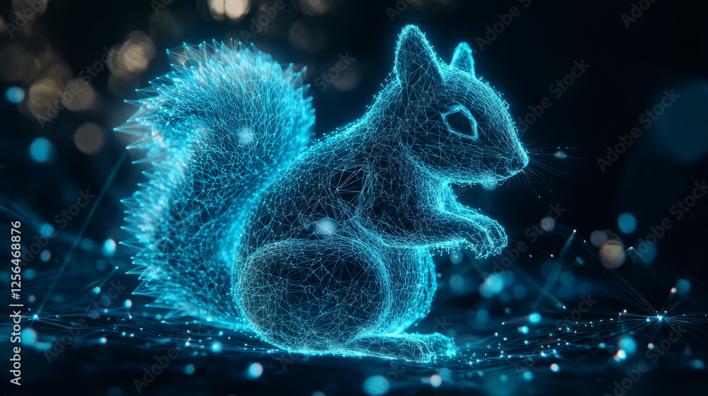 Poster a hologram of a squirrel. a squirrel made up of polygons, triangles, points, and lines. squirrel is 