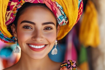 Fototapeta premium Young hispanic female smiling with colorful headscarf and earrings