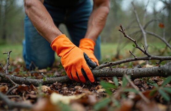 Close up man in orange gloves removes fallen tree branches after storm. Debris cleanup, clear-up, clearing hazard. Manual work after natural disaster, gale, tornado. Volunteer help, climate change