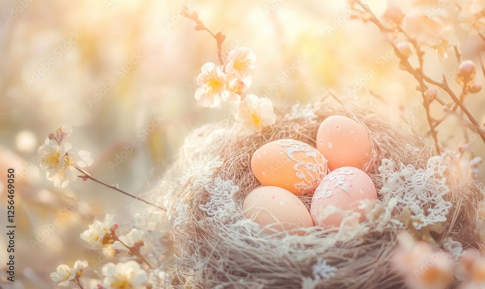 Poster a nest of three eggs sits in a basket of straw