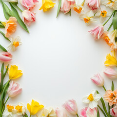 Tulip flower spring border isolated over white background.