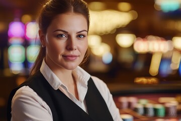 Fototapeta premium Confident caucasian female casino dealer in elegant vest with poker chips in background