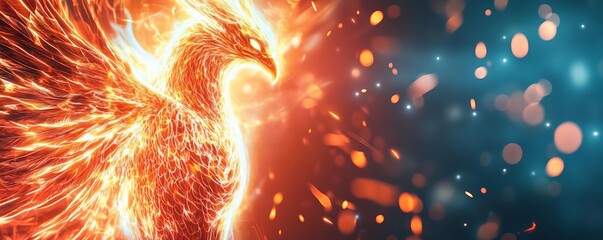 Luminous phoenix humanoid, fiery glow radiating from within, dramatic fantasy lighting