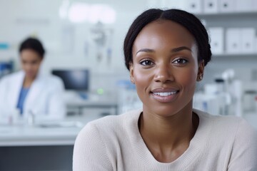 Smiling african female adult scientist in lab with colleague in background