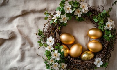 Obraz premium A wreath of flowers and gold eggs