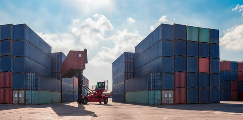 Stacked cargo freight containers for export and transportation at a crowded shipping port with trucks, cranes, and ships