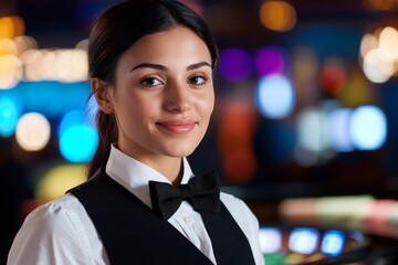 Young hispanic female casino employee in uniform standing with bokeh background