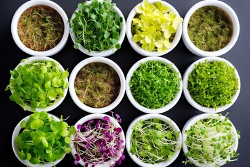 Obraz premium Sprouts in white bowls from above. Sprouting microgreens, shoots of alfalfa, Chinese cabbage, garlic, kale, lentils and radish in potting compost. Green seedlings, young plants, cotyledons