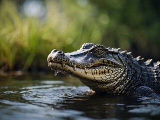 Fototapeta premium Majestic Close-Up of a Crocodile in a Freshwater Swamp Ecosystem