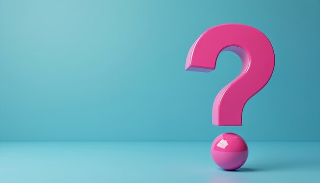 Bright pink question mark on blue background. Glossy sign rendering 3D feel. Questions, uncertainty. Graphic resource for web design, advertising, content creation. Decorative element for