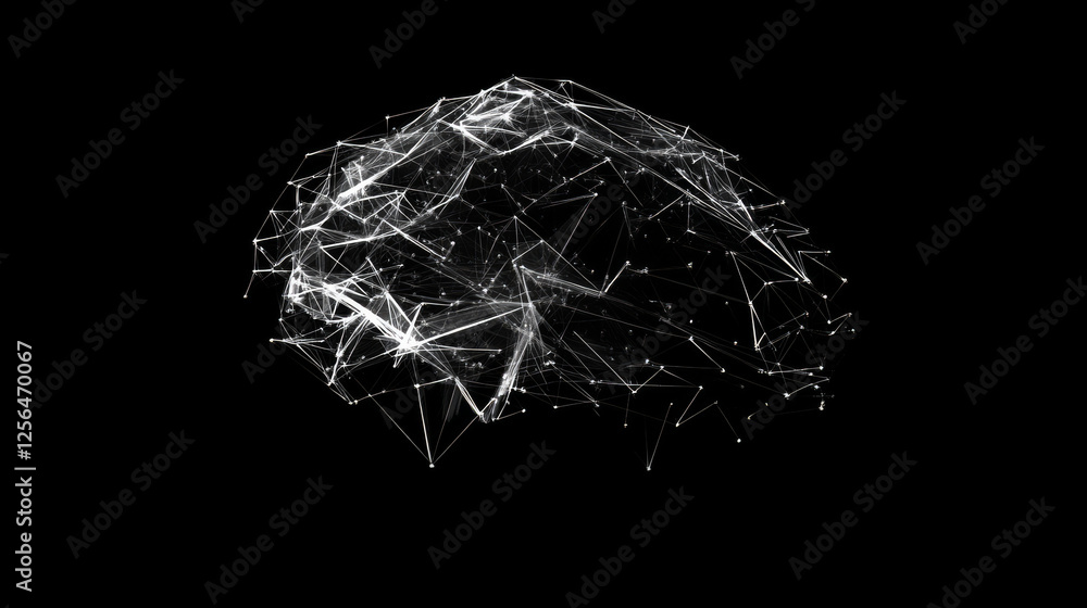Poster a hologram of the brain. the brain consists of polygons, triangles of dots and lines. the brain is a