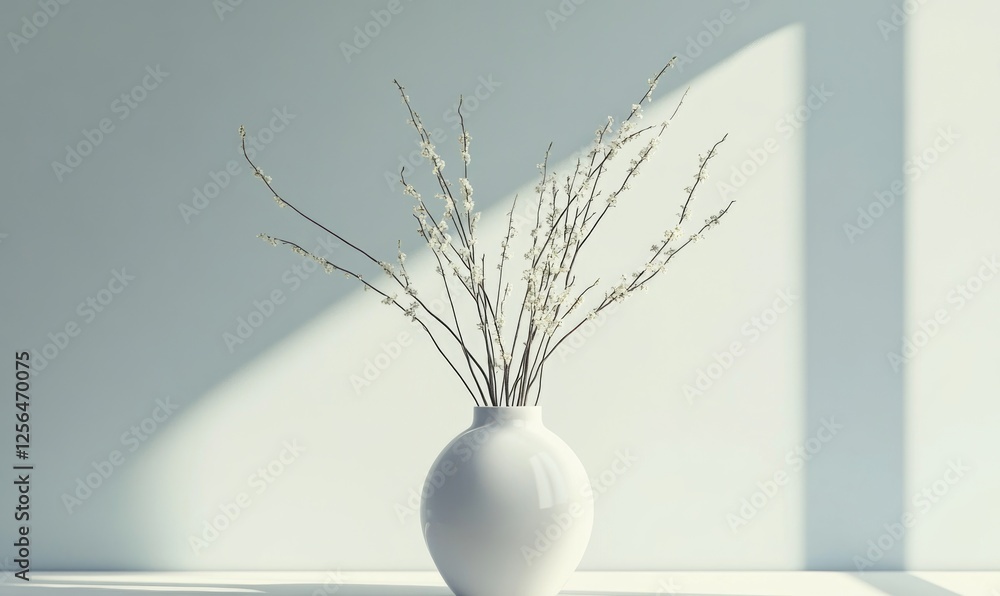 Poster a white vase with a bunch of branches in it sits on a table
