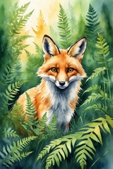 Obraz premium Alert red fox in a lush forest surrounded by ferns during a hunting moment