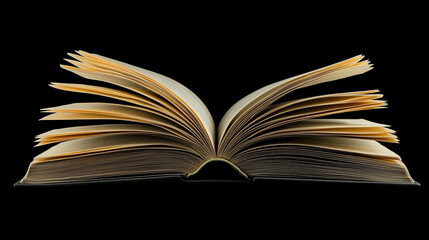 Fototapeta premium Open book with flipping pages on a black background, symbolizing storytelling, imagination, and literature in advertising and print design