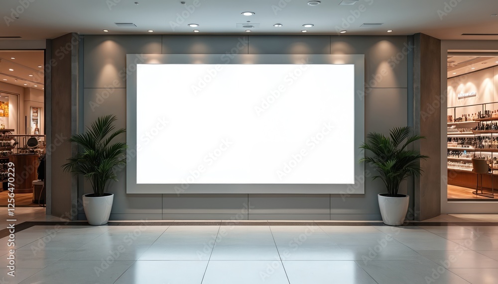 Aufkleber Blank LED screen mockup billboard for multimedia advertisement display. Empty space to insert commercial info in cosmetics store at shopping mall. Modern interior, wall, floor, lamps, potted plants,