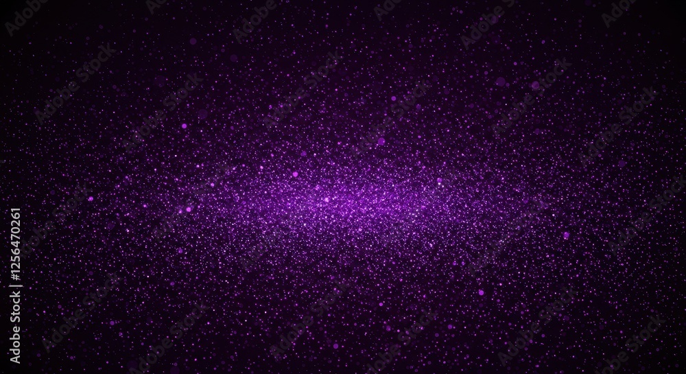 Poster a mesmerizing burst of sparkling purple glitter particles spreading dynamically across a dark gradie