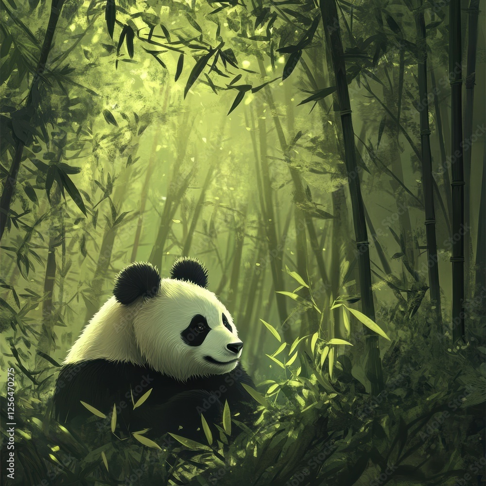 Fototapete portrait of a panda relaxing in a lush bamboo forest with natural light filtering through the leaves