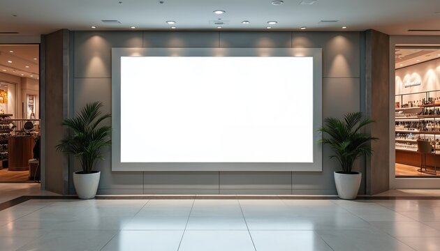 Blank LED screen mockup billboard for multimedia advertisement display. Empty space to insert commercial info in cosmetics store at shopping mall. Modern interior, wall, floor, lamps, potted plants,