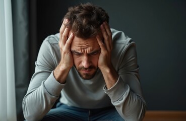 Frustrated man holds head in hands. Stress, anxiety, depression, emotional burnout, grief, mental health issues concept. Businessman overwhelmed by problems. Depressed guy in despair, experiencing