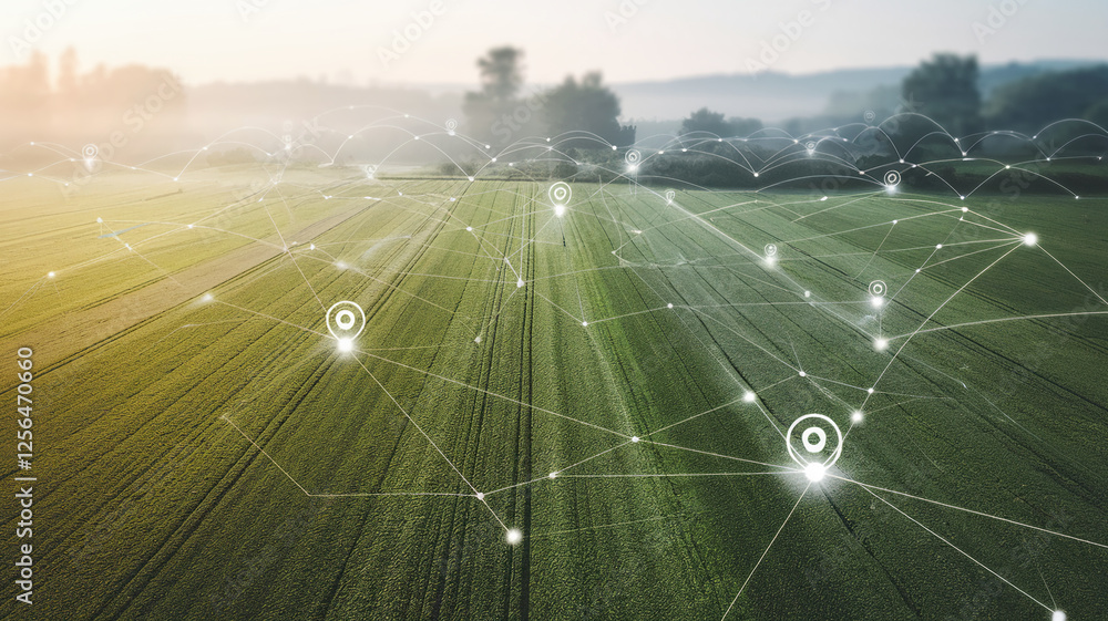 Poster an aerial view of a vast green landscape with digital location markers and connected lines, represen
